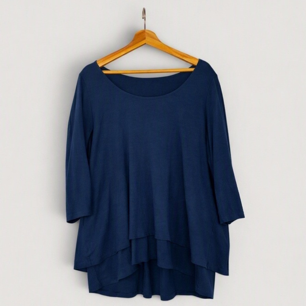 J. Jill Pure Jill Elliptical Layered Tunic Navy Long Sleeves Drape Pleated Back